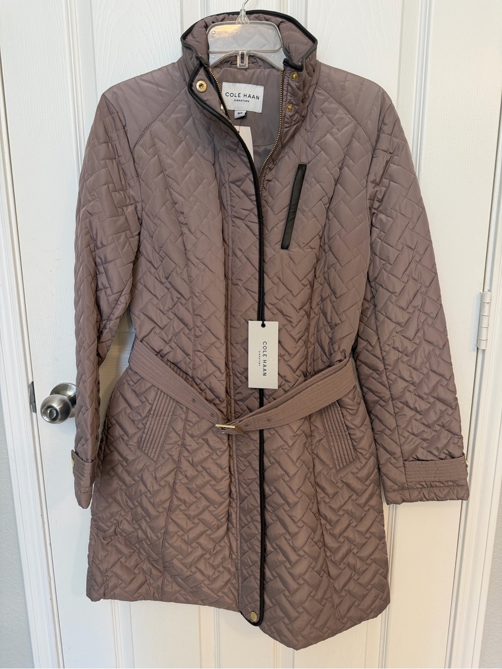 Cole Haan Mauve-Taupe Quilted Belted Puffer Coat